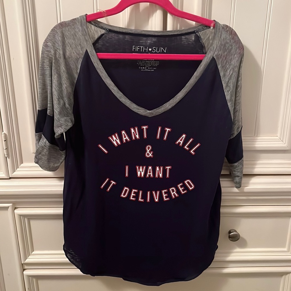 Mid sleeve “I Want It All & I Want It Delivered” dark blue and gray T-shirt